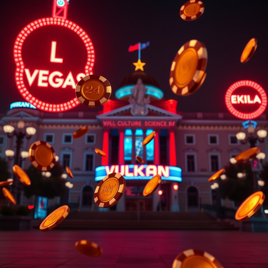 Vulkan Vegas casino aesthetic with iconic red and blue neon lighting, golden coins and poker chips flying in front of the Warsaw Palace of Culture and Science at night, cinematic atmosphere, 8k resolution, photorealistic --ar 16:9